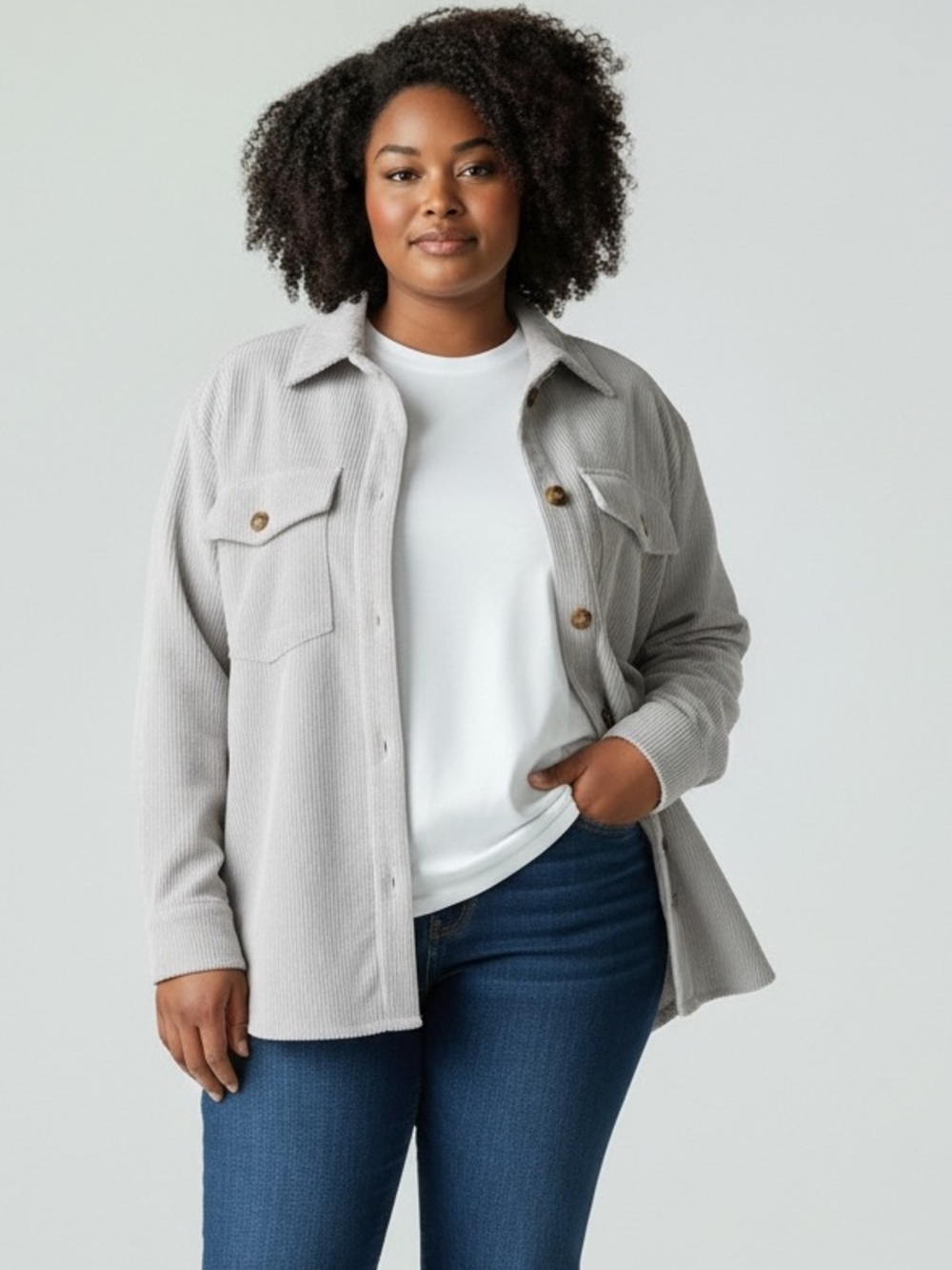 Darling Women’s Light Gray Wide Wale Corduroy Button-Front Shacket, Size Medium